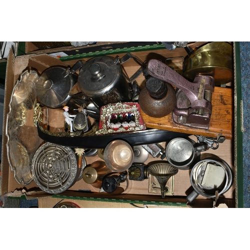 443 - THREE BOXES AND LOOSE COLLECTION OF METALWORK AND SUNDRIES INCLUDING A 19TH CENTURY POCKET MICROSCOP... 