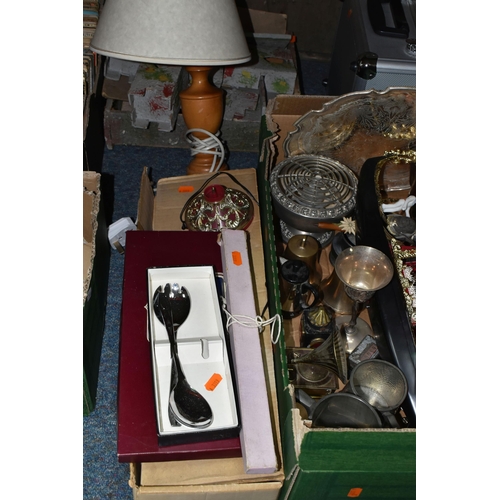 443 - THREE BOXES AND LOOSE COLLECTION OF METALWORK AND SUNDRIES INCLUDING A 19TH CENTURY POCKET MICROSCOP... 