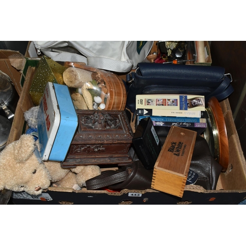 443 - THREE BOXES AND LOOSE COLLECTION OF METALWORK AND SUNDRIES INCLUDING A 19TH CENTURY POCKET MICROSCOP... 