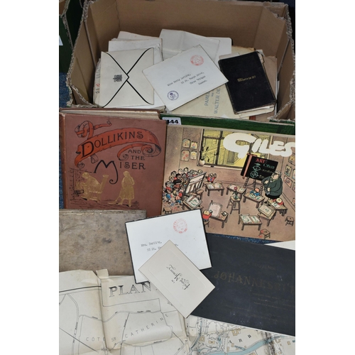 444 - TWO BOXES OF EPHEMERA AND GILES BOOKS INCLUDING CORRESPONDENCE FROM CLARENCE HOUSE AND BUCKINGHAM PA... 