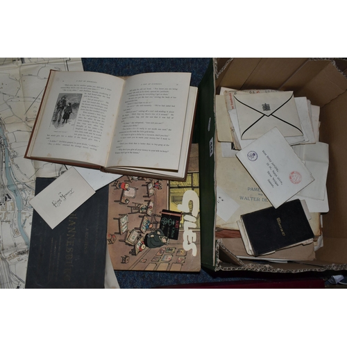 444 - TWO BOXES OF EPHEMERA AND GILES BOOKS INCLUDING CORRESPONDENCE FROM CLARENCE HOUSE AND BUCKINGHAM PA... 