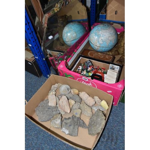 446 - TWO BOXES OF SUNDRIES INCLUDING A LARGE COLLECTION OF CORINTHIAN FOOTBALL FIGURES, FOSSILS AND STONE... 