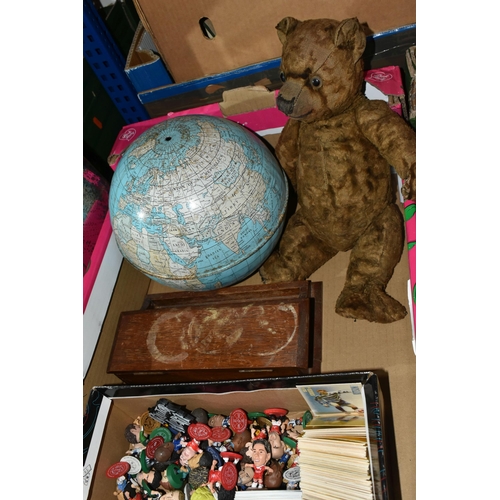 446 - TWO BOXES OF SUNDRIES INCLUDING A LARGE COLLECTION OF CORINTHIAN FOOTBALL FIGURES, FOSSILS AND STONE... 