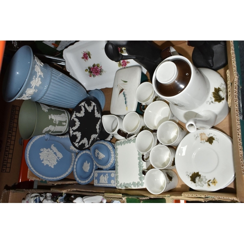 451 - FOUR BOXES OF CERAMIC ORNAMENTS AND GLASSWARE INCLUDING ROYAL DOULTON, COALPORT, AND ROYAL WESSEX FI... 