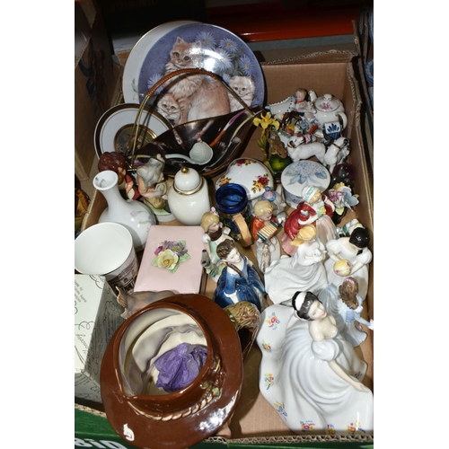 451 - FOUR BOXES OF CERAMIC ORNAMENTS AND GLASSWARE INCLUDING ROYAL DOULTON, COALPORT, AND ROYAL WESSEX FI... 