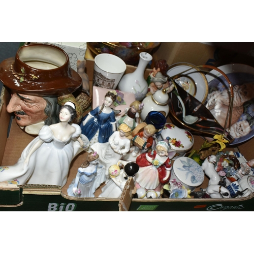 451 - FOUR BOXES OF CERAMIC ORNAMENTS AND GLASSWARE INCLUDING ROYAL DOULTON, COALPORT, AND ROYAL WESSEX FI... 