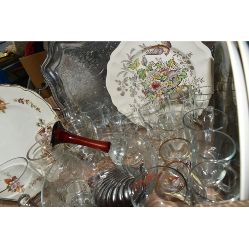 451 - FOUR BOXES OF CERAMIC ORNAMENTS AND GLASSWARE INCLUDING ROYAL DOULTON, COALPORT, AND ROYAL WESSEX FI... 