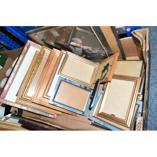 452 - THREE BOXES OF MILITARY PRINTS, EMPTY FRAMES, AND METALWARE ETC including glass oil lamps, and other... 