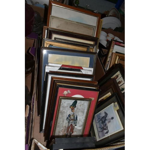 452 - THREE BOXES OF MILITARY PRINTS, EMPTY FRAMES, AND METALWARE ETC including glass oil lamps, and other... 