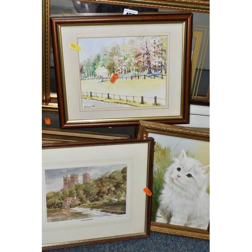 455 - A SELECTION OF PAINTINGS AND PRINTS ETC, to include two early 20th century water landscapes signed J... 