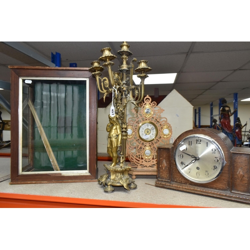 457 - A VINTAGE 'FOREIGN' MANTEL CLOCK, PUTTI STYLE BRASS CANDELABRUM, TRAFALGAR MEMORIAL CLOCK, AND VINTA... 