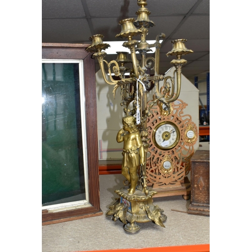 457 - A VINTAGE 'FOREIGN' MANTEL CLOCK, PUTTI STYLE BRASS CANDELABRUM, TRAFALGAR MEMORIAL CLOCK, AND VINTA... 