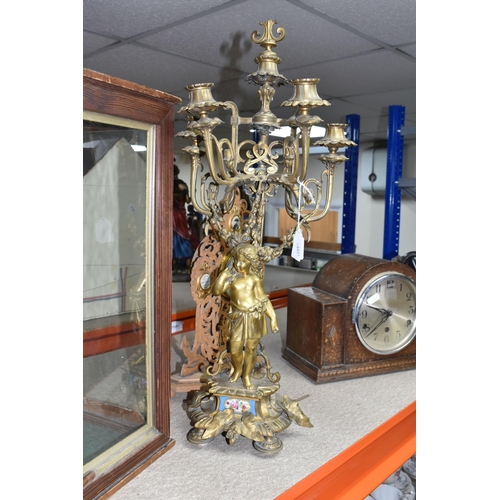 457 - A VINTAGE 'FOREIGN' MANTEL CLOCK, PUTTI STYLE BRASS CANDELABRUM, TRAFALGAR MEMORIAL CLOCK, AND VINTA... 