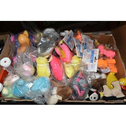 460 - THREE BOXES OF VINTAGE TOYS including vintage teddy bears, straw filled dog, a panda with its origin... 