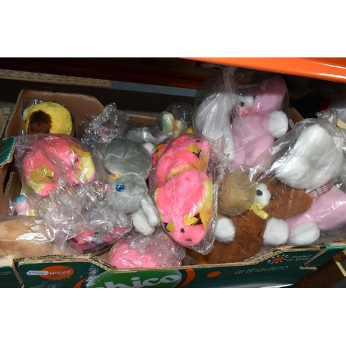 460 - THREE BOXES OF VINTAGE TOYS including vintage teddy bears, straw filled dog, a panda with its origin... 