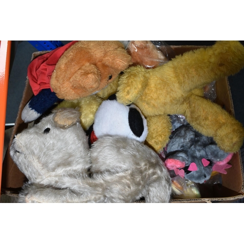 460 - THREE BOXES OF VINTAGE TOYS including vintage teddy bears, straw filled dog, a panda with its origin... 