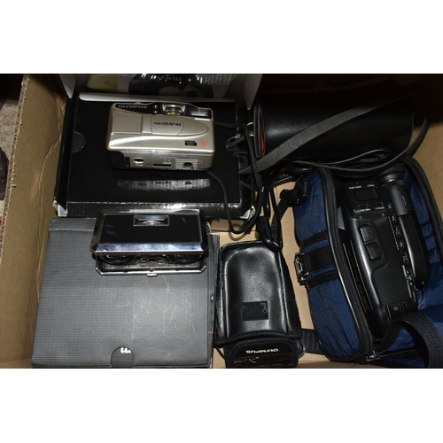 461 - TWO BOXES OF MIXED SUNDRIES including two cameras and two video cameras, a pair of vintage collapsib... 