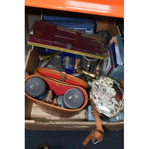 461 - TWO BOXES OF MIXED SUNDRIES including two cameras and two video cameras, a pair of vintage collapsib... 