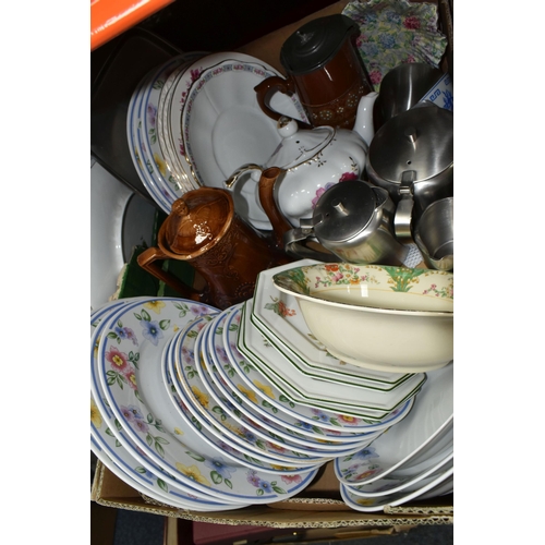 467 - SIX BOXES OF MIXED CERAMICS AND GLASSWARE from named manufacturers including Royal Doulton, Royal Me... 