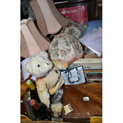 470 - TWO BOXES OF MIXED SUNDRIES AND BOX OF VINYL LPs, including a selection of table lamps, a Wolverhamp... 