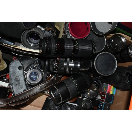 480 - A BOX OF VINTAGE PHOTOGRAPHIC EQUIPMENT ETC, to include an Olympus Pen EES-2, Pentax MV1 35mm SLR ca... 