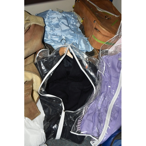 482 - A BOX OF MIXED CLOTHES, TWO HATS, AND THREE LEATHER SUITCASES including a variety of men's and women... 