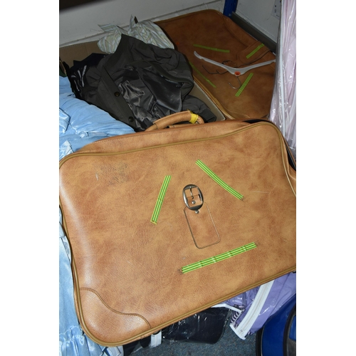 482 - A BOX OF MIXED CLOTHES, TWO HATS, AND THREE LEATHER SUITCASES including a variety of men's and women... 