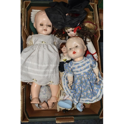 484 - TWO BOXES OF VINTAGE DOLLS INCLUDING BRANDED MANUFACTURERS SUCH AS PEDIGREE, ROSEBUD, EFFANBEE, A GE... 