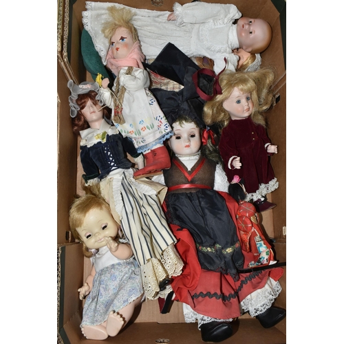 484 - TWO BOXES OF VINTAGE DOLLS INCLUDING BRANDED MANUFACTURERS SUCH AS PEDIGREE, ROSEBUD, EFFANBEE, A GE... 