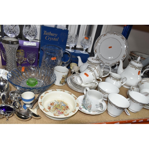 487 - A GROUP OF ROYAL DOULTON 'REPTON' PATTERN DINNERWARE AND BOXED TUTBURY CRYSTAL, comprising six dinne... 