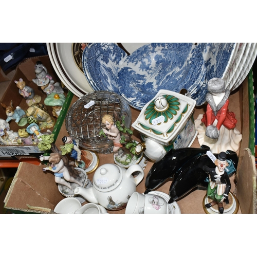 489 - TWO BOXES AND LOOSE CERAMICS, to include a collection of six mid-century Beswick Beatrix Potter's ch... 