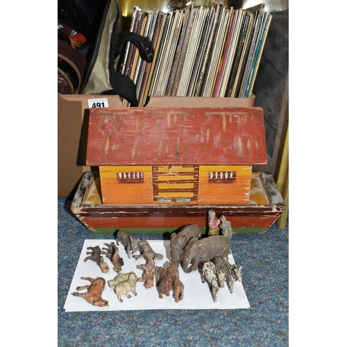 491 - TWO BOXES AND LOOSE MISCELLANEOUS SUNDRIES, to include a  spelter bust, copper kettle, a children's ... 