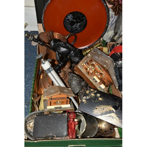 491 - TWO BOXES AND LOOSE MISCELLANEOUS SUNDRIES, to include a  spelter bust, copper kettle, a children's ... 