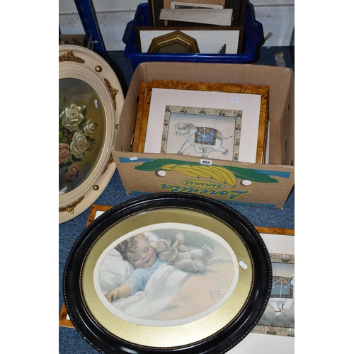 492 - TWO BOXES OF FRAMED PICTURES AND PRINTS, to include a set of six framed Middle Eastern paintings on ... 