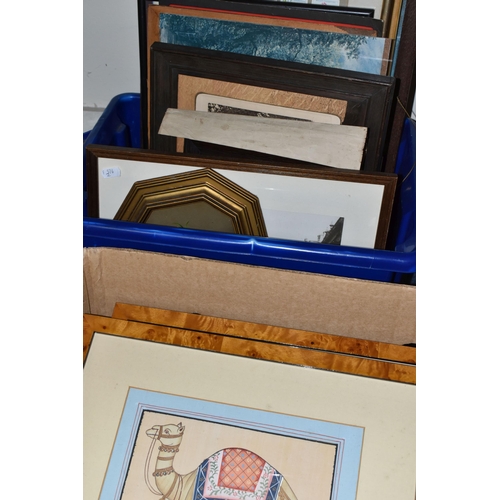 492 - TWO BOXES OF FRAMED PICTURES AND PRINTS, to include a set of six framed Middle Eastern paintings on ... 