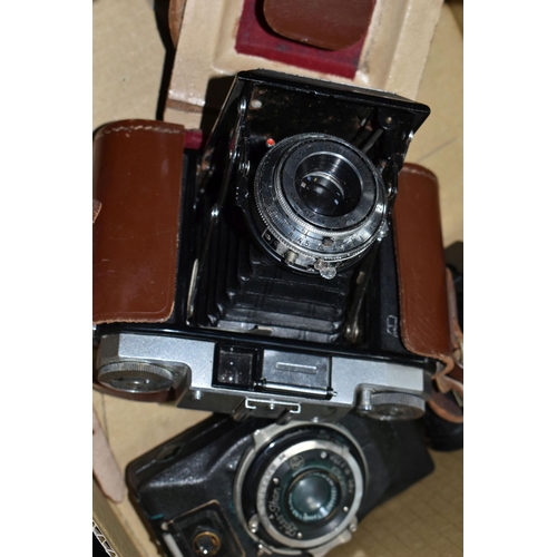 495 - ONE BOX OF VINTAGE CAMERAS, to include an Ensign 'Cupid' , a Zeiss-Ikon Kolibri compact Compur Kolib... 