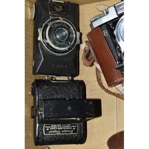 495 - ONE BOX OF VINTAGE CAMERAS, to include an Ensign 'Cupid' , a Zeiss-Ikon Kolibri compact Compur Kolib... 