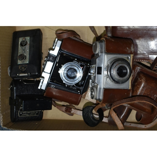 495 - ONE BOX OF VINTAGE CAMERAS, to include an Ensign 'Cupid' , a Zeiss-Ikon Kolibri compact Compur Kolib... 