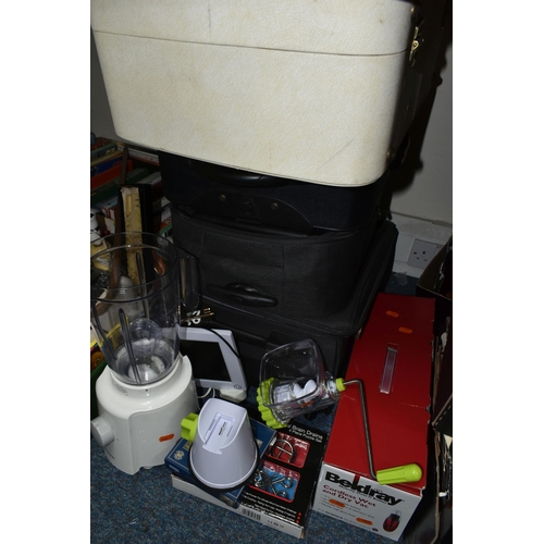 500 - TWO BOXES OF MISCELLANEOUS SUNDRIES, to include four suitcases, a Kenwood blender, a boxed Beldray c... 