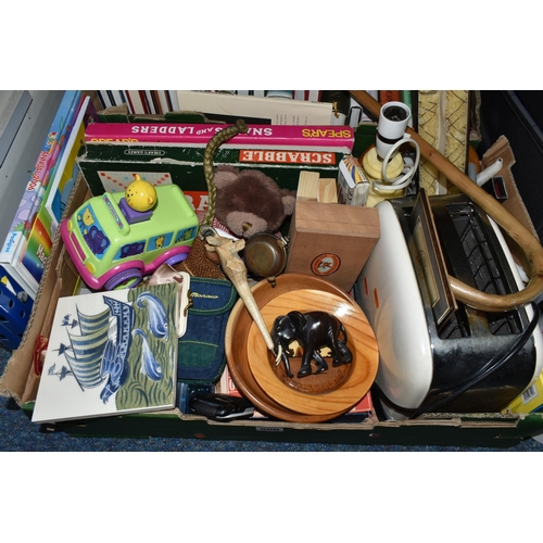 500 - TWO BOXES OF MISCELLANEOUS SUNDRIES, to include four suitcases, a Kenwood blender, a boxed Beldray c... 