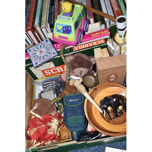 500 - TWO BOXES OF MISCELLANEOUS SUNDRIES, to include four suitcases, a Kenwood blender, a boxed Beldray c... 