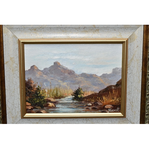 503 - THREE SOUTH AFRICAN LANDSCAPE OIL ON BOARD, comprising two Tune Tuckett (1944) landscapes with dista... 