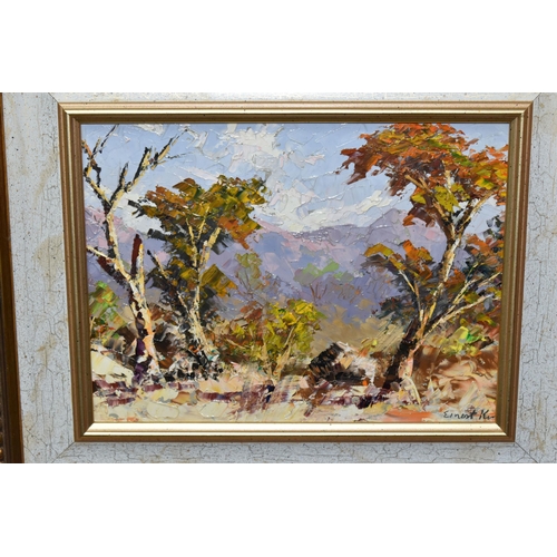 503 - THREE SOUTH AFRICAN LANDSCAPE OIL ON BOARD, comprising two Tune Tuckett (1944) landscapes with dista... 