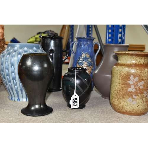 507 - SEVEN ART / STUIDO POTTERY VASES, ETC, including a Pilkington's Royal Lancastrian baluster streaked ... 