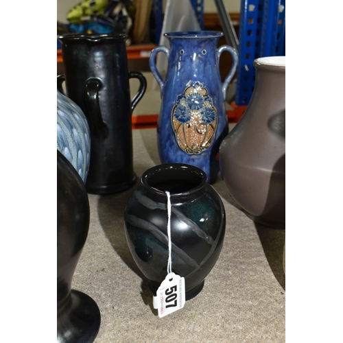 507 - SEVEN ART / STUIDO POTTERY VASES, ETC, including a Pilkington's Royal Lancastrian baluster streaked ... 