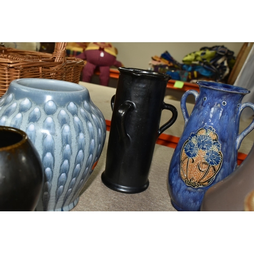 507 - SEVEN ART / STUIDO POTTERY VASES, ETC, including a Pilkington's Royal Lancastrian baluster streaked ... 