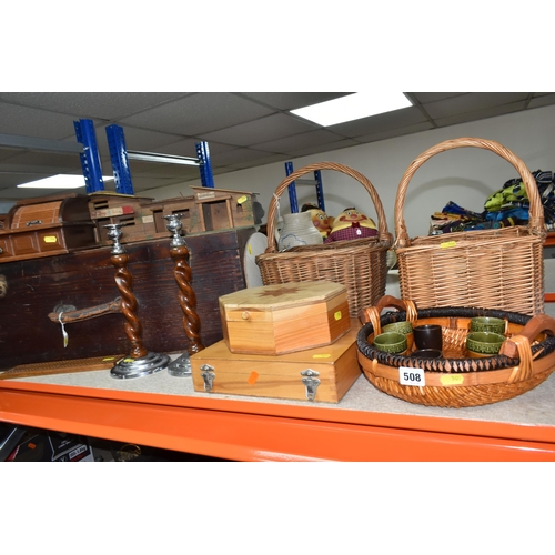 508 - A QUANTITY OF TREEN, WICKER, WALKING STICKS, ETC, including two wicker baskets, one with divisions f... 