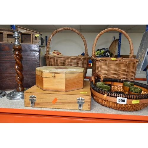 508 - A QUANTITY OF TREEN, WICKER, WALKING STICKS, ETC, including two wicker baskets, one with divisions f... 