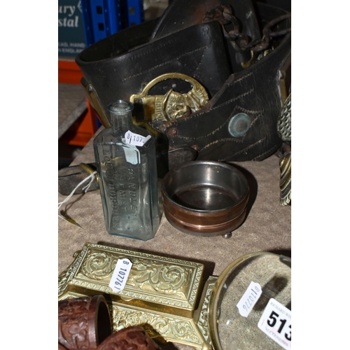 513 - A GROUP OF METALWARE, HORSE BRASSES, ETC, including three late 19th / early 20th century leather hea... 