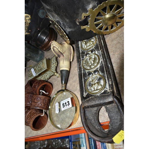 513 - A GROUP OF METALWARE, HORSE BRASSES, ETC, including three late 19th / early 20th century leather hea... 